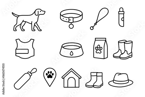 Pet supplies grid: linear dog accessories collection with outline design