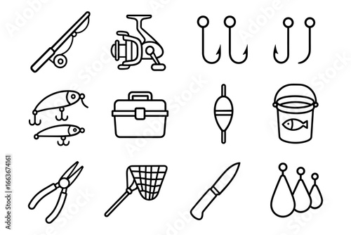 Fishing gear outline collection featuring rods, hooks, lures, and accessories