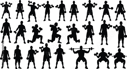 Dumbbell exercise silhouettes, strength training poses, fitness workout icon set, vector illustration, gym art, bodybuilding design, weightlifting graphic, athletic movement, sport icon