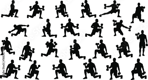 Dumbbell exercise silhouette, fitness training poses, gym workout vector, strength routine graphic, athletic sports icon, bodybuilding design, weight training illustration, functional workout art