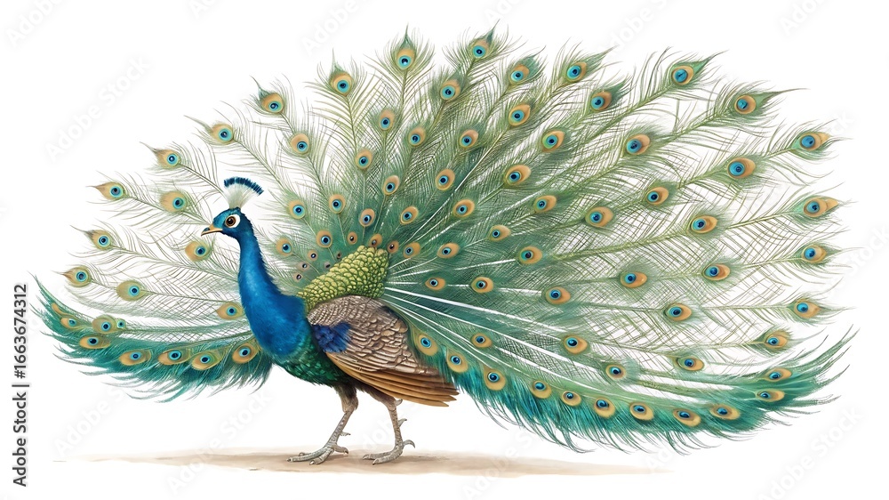 Obraz premium A peacock with its feathers fully displayed out