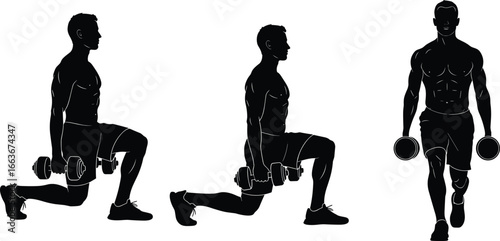 Dumbbell lunge exercise silhouette, fitness training poses, gym workout vector, strength routine graphic, athletic sports icon, bodybuilding design, lower body workout illustration