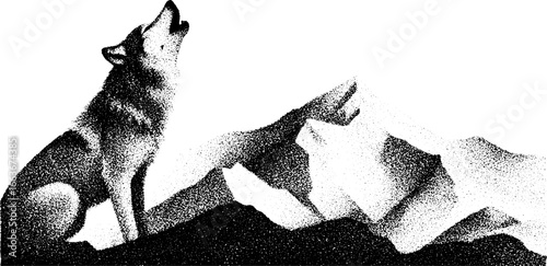 Stippling dotwork art of a howling wolf in mountainous landscape