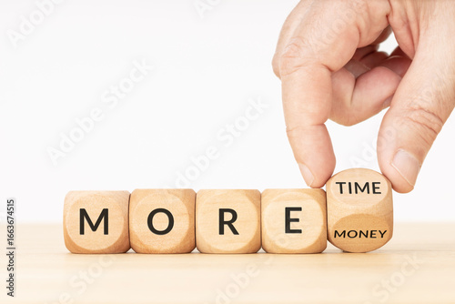 More time or more money decision concept. Text on wooden blocks and Hand turning a cube block. Copy space