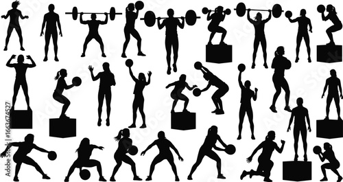 Fitness exercise silhouette, gym workout poses, strength training vector, bodybuilding routine graphic, athletic sports icon, functional training design, crossfit workout illustration, endurance art