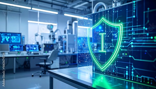 A holographic security shield superimposed over a modern laboratory setting, highlighting digital protection in a futuristic research environment.