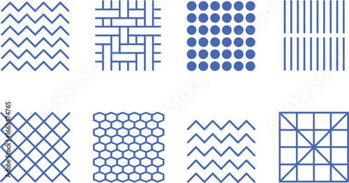 Blue Geometric Patterns Set Waves, Weave, Dots, Lines, Grid, Honeycomb on White