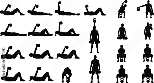 Kettlebell Exercise Silhouettes – Fitness Poses with Kettlebell Press, Swing, Turkish Get-Up, Squat, Strength Training, Weightlifting