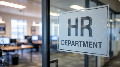 HR Department Sign on Glass Door with Office Interior View Representing Human Resources and Employment Opportunities