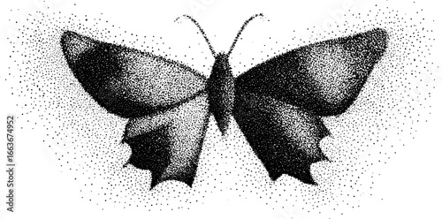 Artistic stipple butterfly illustration with abstract dotwork and vintage spray effect