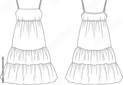 Cad drawing flat vector illustration of women's summer dress, sleeveless with spaghetti straps, tiered ruffle hem, front and back view, casual fashion design template