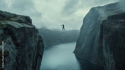 A person walks a tightrope high above a fjord.