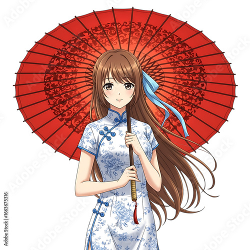 Beautiful asian woman in traditional dress holding a red umbrella, exuding elegance and cultural charm, isolated on transparent background