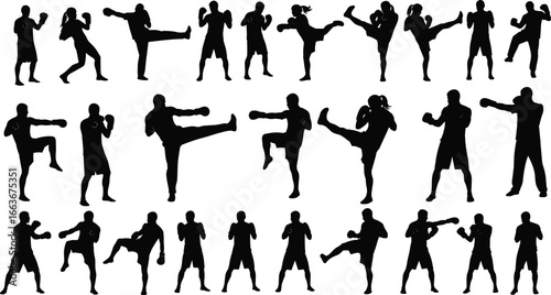 Kickboxing and Martial Arts Silhouettes – Fighters Training, Boxing, Self-Defense, MMA Poses, Combat Fitness Vector Illustration Set