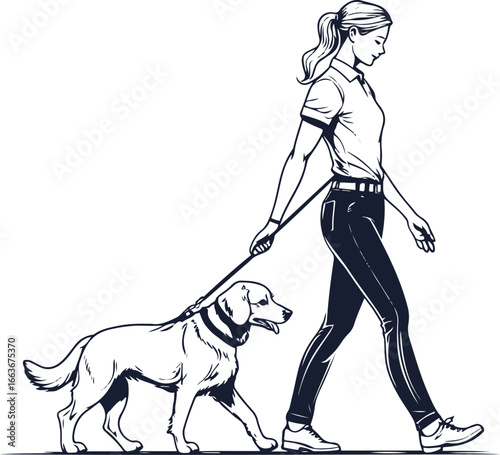  Bold line art of a dog walking on leash beside trainer, simple black and white outline, clear strokes