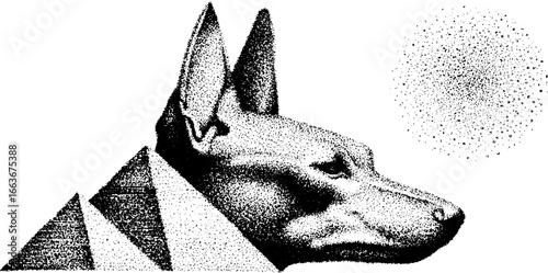Stippling dotwork illustration of anubis head with geometric patterns