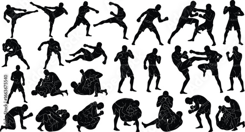 Mixed Martial Arts Silhouettes, MMA Fighting Poses, Boxing and Grappling Techniques, Combat Sports Training, Self-Defense Action Silhouettes