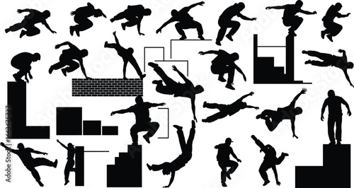 Parkour Silhouettes, Urban Freerunning Moves, Jumping and Vaulting Figures, Parkour Action Poses, Urban Athletic Silhouettes, Dynamic Parkour Movements