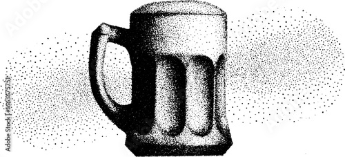 Vintage dotwork stippling illustration of a beer mug with alchemy elements