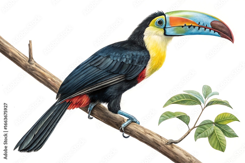 Fototapeta premium A colorful toucan perched on a branch illustration