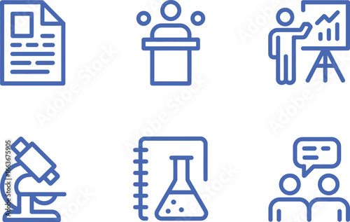 Blue Icon Set Document, Podium Speaker, Presentation, Microscope, Flask, Discussion