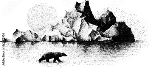 Arctic tundra landscape with polar bear and icebergs in stippling dotwork style