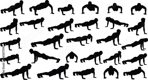 Push‑up exercise silhouettes, bodyweight workout poses, fitness training icon set, vector illustration, gym art, calisthenics design, strength graphic, athletic movement, sport icon