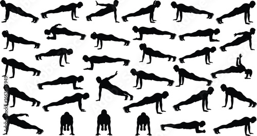 Push-Up Exercise Silhouettes of Men and Women in Plank and Workout Positions – Fitness, Strength, Core Training Vector Illustration
