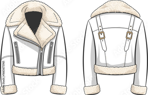 CAD drawing flat vector illustration of women's white shearling jacket, fur collar, zip closure, cropped design, winter fashion, warm coat, stylish outerwear, leather jacket sketch, trendy apparel
