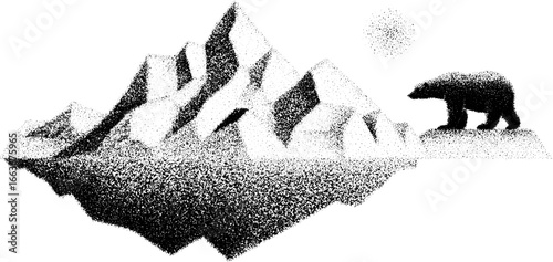 Stippling dotwork illustration of arctic tundra with polar bear and mountains