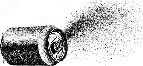 Stippled dotwork illustration of carbonated drink can with spraying effect