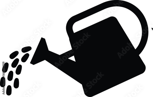 Black Silhouette of Watering Can Pouring Water.