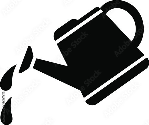 Black Silhouette Watering Can Icon Pouring Water.