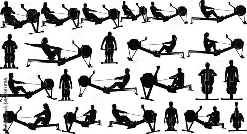 Rowing machine silhouette, fitness exercise poses, gym workout vector, strength training graphic, athletic sports icon, cardio routine design, bodybuilding illustration, endurance workout art