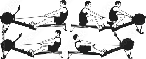 Rowing machine exercise sequence, fitness training stages, gym workout vector, cardio routine graphic, athletic sports icon, endurance design, indoor rowing illustration
