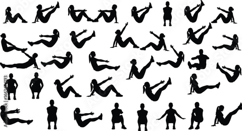 Seated and reclined exercise silhouettes, stretching workout poses, fitness training icon set, vector illustration, gym art, flexibility design, athletic movement, sport graphic