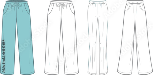 CAD drawing flat vector illustration of women's wide leg lounge pants, front and back views, with drawstring waistband, fashion design template, casual comfortwear