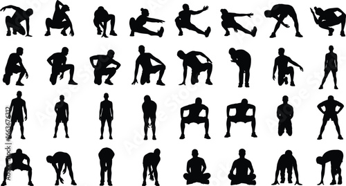 Silhouettes of Athletes Resting After Workout, Tired Fitness Poses, Exhausted Training Vector Set, Recovery Poses, Isolated Illustration