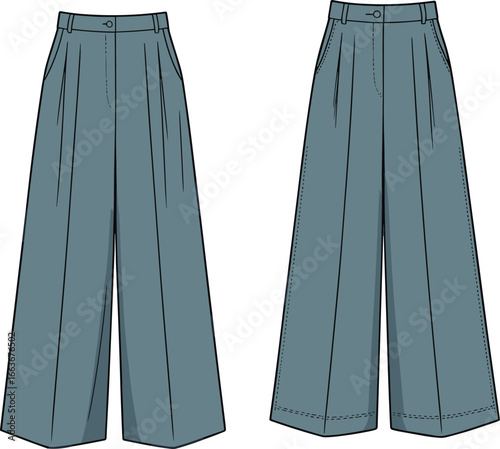 Cad drawing flat vector illustration of women's wide leg pants, fashion technical sketch, stylish high waist trousers front and back design template for apparel