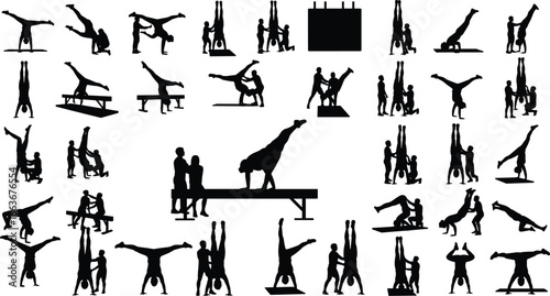 Silhouettes of Gymnasts Performing Acrobatics, Handstands and Balance Poses, Gymnastics Training Vector Set, Isolated on White Background