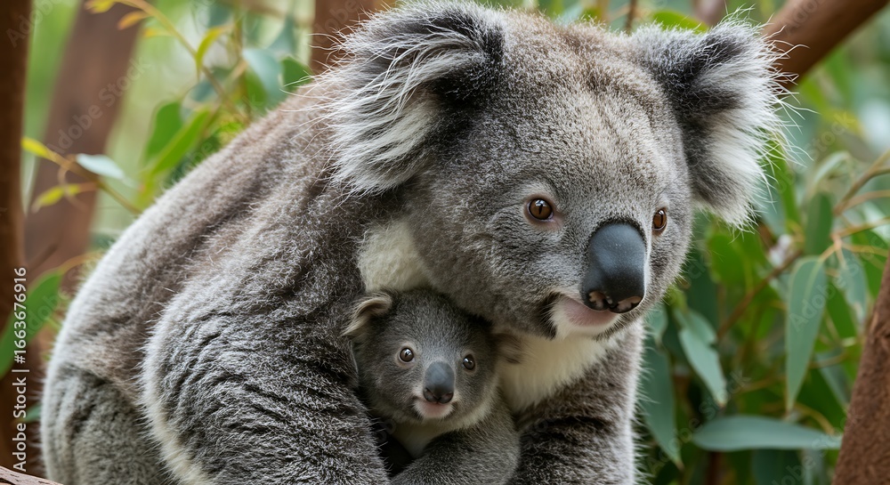 Obraz premium Affectionate Koala Mother Embracing Her Baby in Eucalyptus Forest.