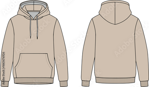  Hoodie Fashion Flat Technical Drawing - Front and Back View
 Pullover Hoodie Vector Template for Apparel Mockup
Unisex Hooded Sweatshirt Illustration in Beige 
