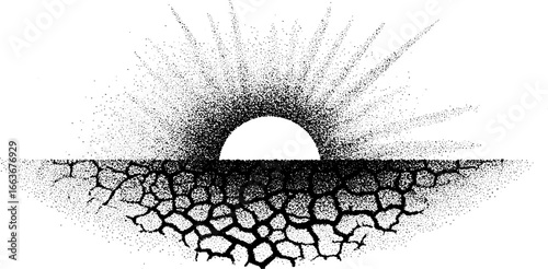Stippling dotwork art of cracked earth with rising sun for design or poster use