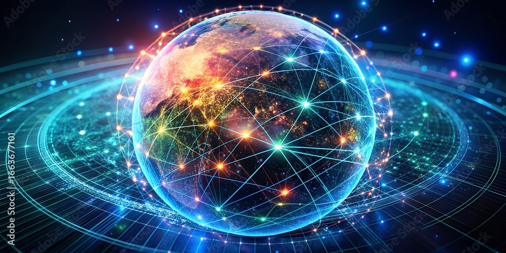 Obraz premium Global network connection with digital world, earth globe with internet communication, future technology data science, abstract concept design, and creative innovation