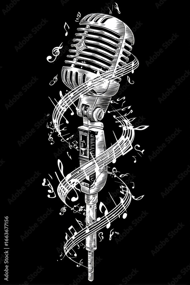 Naklejka premium Vintage microphone surrounded by musical notes (2)