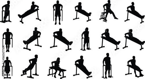 Silhouettes of People Doing Bench Dips, Triceps Workout, Fitness Exercise Poses, Bodyweight Training, Gym Routine, Isolated Vector Set