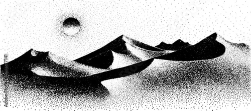 Dotwork stippling illustration of desert dunes and sun