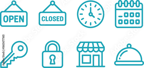 Blue Icons with Open Sign, Closed Sign, Clock, Calendar, Key, Lock, Shop, Platter