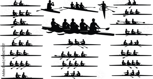 Silhouettes of Rowing Teams in Action, Competitive Water Sports, Crew Boat Training, Outdoor Fitness, Canoeing, Sculling, Rowing Techniques