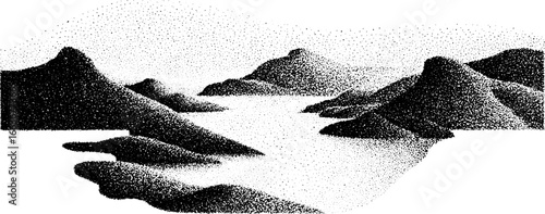Stipple dotwork illustration of serene fjord shoreline for artistic design